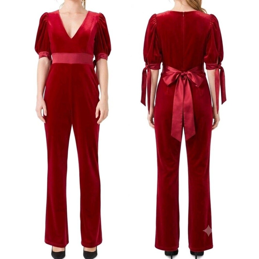 Endless Rose Red Velvet Jumpsuit Small New Puff Sleeve Bow Tie Rouge Wide Leg